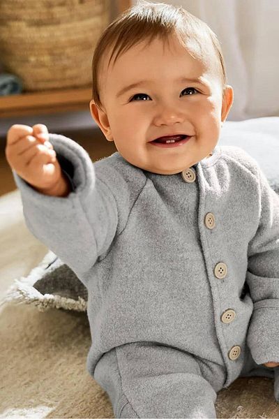 Tchibo Toddler Unisex Round Neck Wool Coverall Bodysuit, Grey