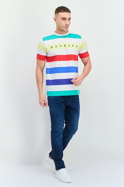 Nautica Men Crew Neck Short Sleeve Stripe T-Shirts, White Combo