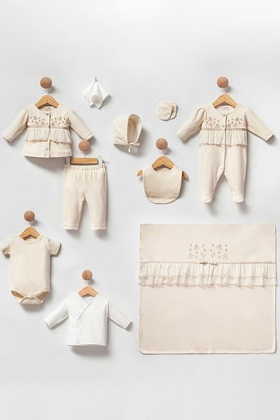 Cassiope Soft Touch Cotton Soft Textured 10 Piece Baby Girl Hospital Discharge Set with Ruffled Embroidery Detail