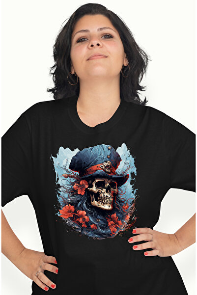 StoryGift Romania Tricou Femei cu un craniu cu palarie, ilustratie, floricele...