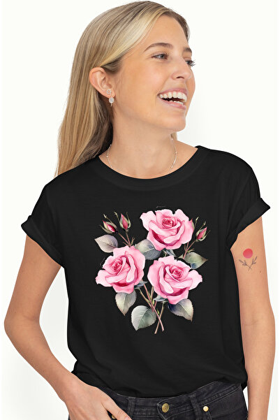 StoryGift Romania Tricou Femei cu trandafiri, flori, ilustratie, gradina, cad...