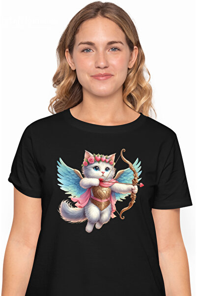 StoryGift Romania Tricou Femei cu o pisicuta Cupidon, ilustratie, aripi, trage cu arcul, indragost BLK_L