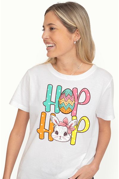 StoryGift Romania Tricou Femei cu iepurasul de Paste cu mesajul "Hop hop", Paste fericit, ilustrat WHT_S