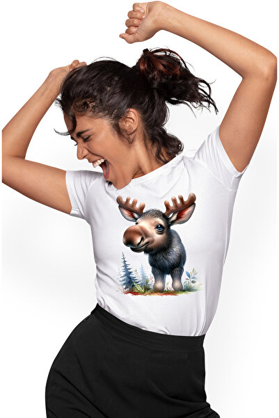 StoryGift Romania Tricou Femei cu un elan in padure, ilustratie, natura, vege...