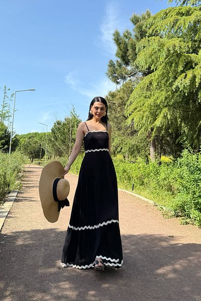 Seda Yalçın Atelier Black Striped Crepe Fabric Strap Summer Dress