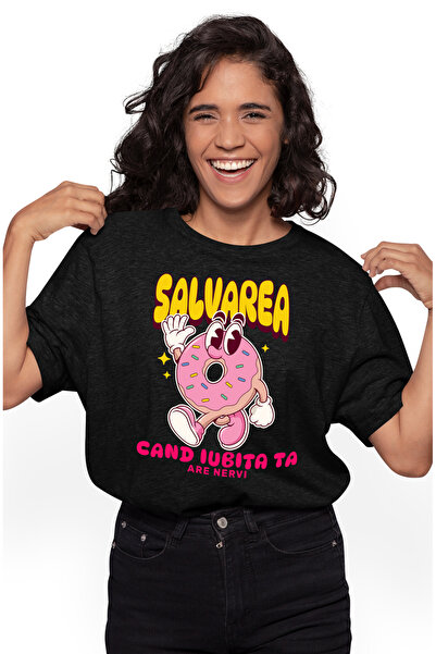 StoryGift Romania Tricou Femei Gogoasa Glazurata Vesela Text Haios Salvarea Cand Iubita Ta Are Ner BLK_XS