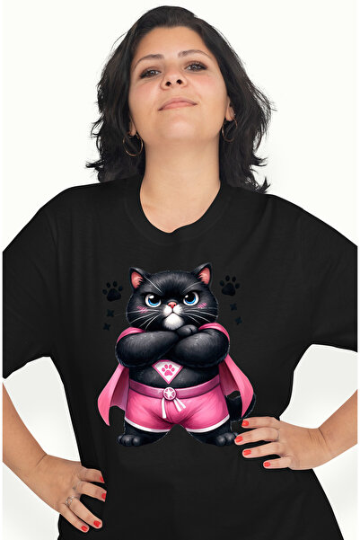 StoryGift Romania Tricou Femei cu o pisica neagra in costum de eroina, ilustr...