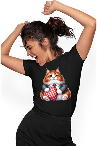 StoryGift Romania Tricou Femei cu o pisica grasuta, ilustratie, vesela, inima...