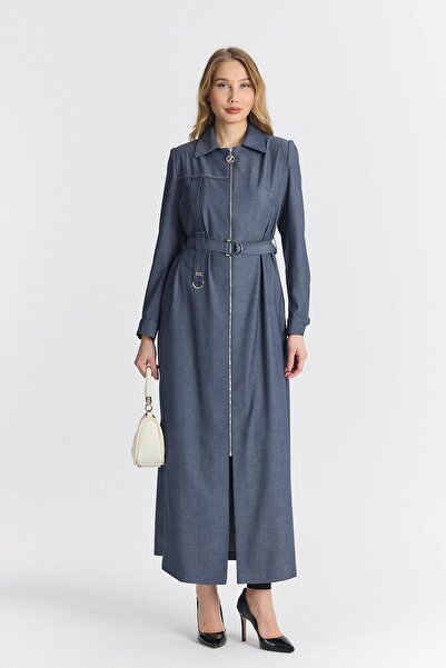 Zühre Shirt Collar Zippered Indigo Overcoat 13792