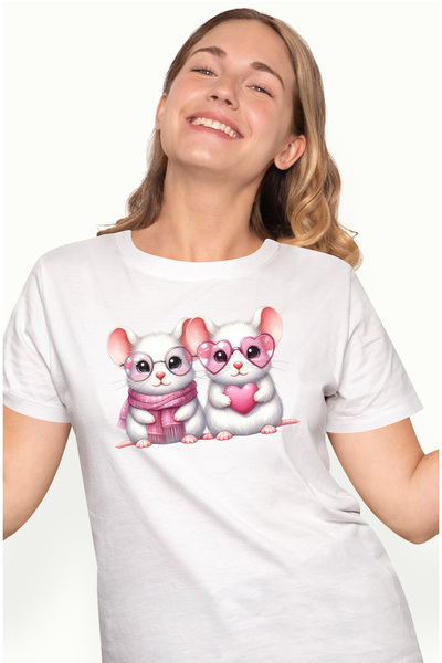 StoryGift Romania Tricou Femei cu 2 soricei, ilustratie, inima, afectiune, Va...