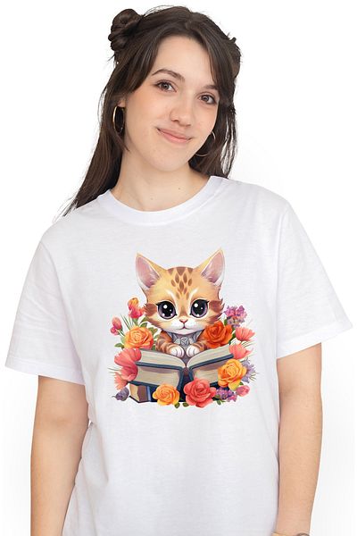 StoryGift Romania Tricou Femei cu o pisicuta care tine o carte deschisa, ilustratie, flori, lectur WHT_XL