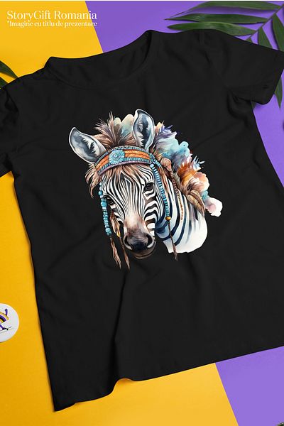 StoryGift Romania Women's T-shirt with a zebra with indigenous objects, illustration, abstract, traditional, BLK_M