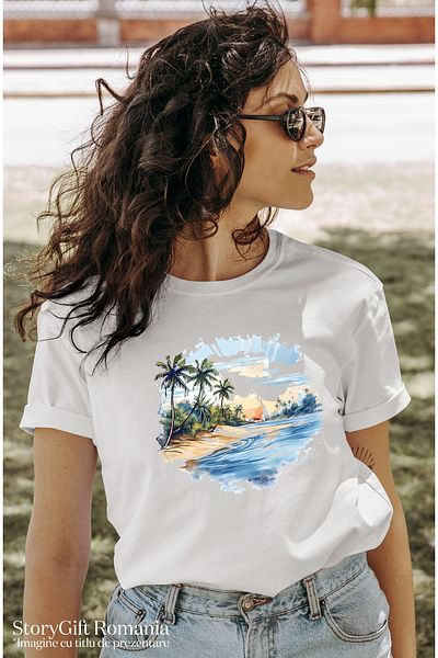 StoryGift Romania Tricou Femei cu un rau, palmieri, ilustratie, peisaj, oras, case, apa cu imprim WHT_M