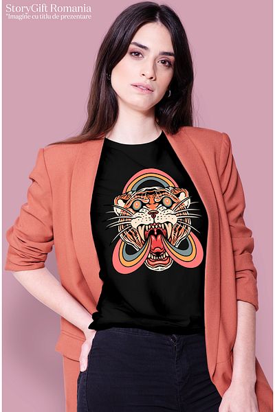 StoryGift Romania Women's T-shirt With Tiger, Rainbow, Abstract, Fangs, Hippie, Multicolor with print BLK_L,STG