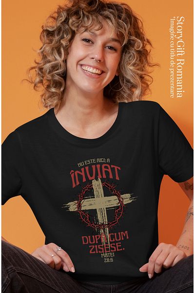 StoryGift Romania Tricou Femei cruce Iisus a inviat paste sarbatori familie cu imprimeu pe Fata, 1 BLK_XS
