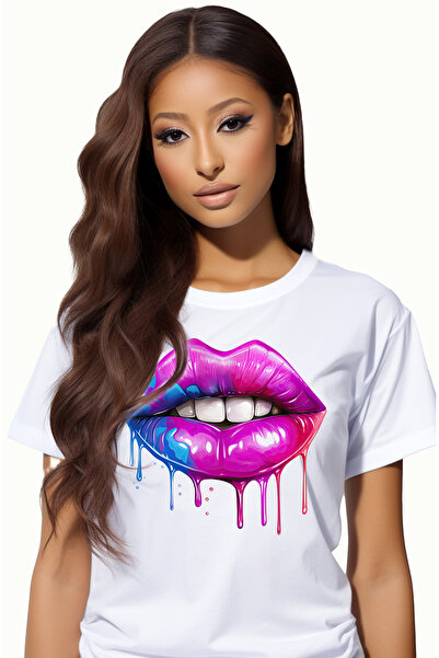 StoryGift Romania Tricou Femei cu buze vopsite, ilustratie, curg picaturi de ...