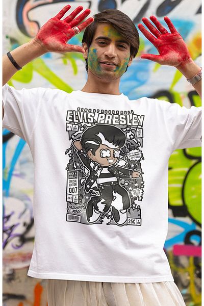 Fuddy Moda Tricou cu scris Elvis Presley, tricou unisex cu imprimeu Elvis Presley