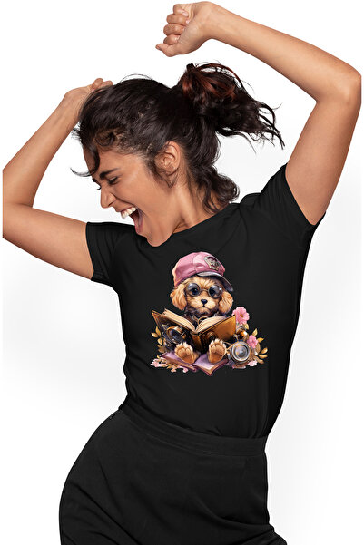 StoryGift Romania Tricou Femei cu un catelus care tine o carte deschisa, ilus...