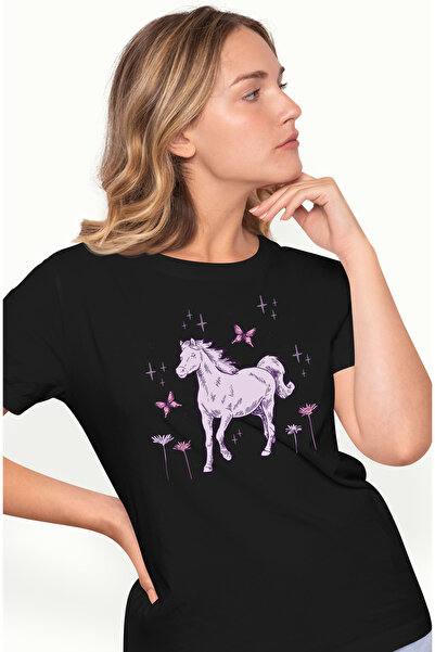 StoryGift Romania Tricou Femei Cu Cal Pe Pajiste, Univers Roz, Fluturi Zburand, Copii, Desene Anim BLK_M