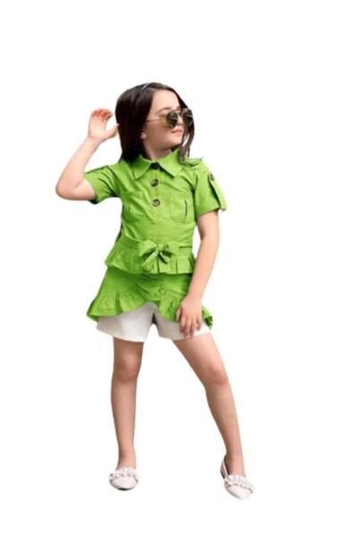 Riccotarz Girl's Waist-Tied Green Tunic with Button Detail and Ruffled Skirt