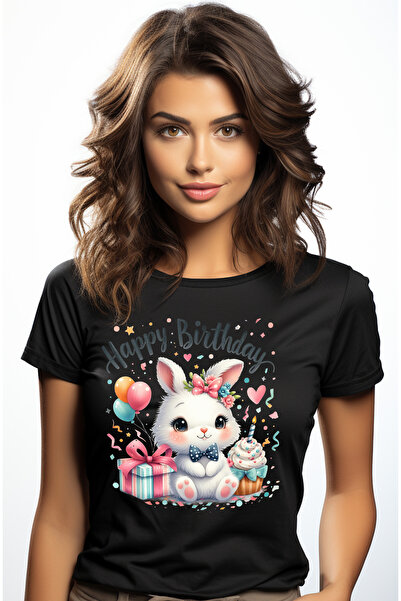 StoryGift Romania Tricou Femei cu o iepuroaica vesela, ilustratie, la multi ani, baloane, cadou, b BLK_M