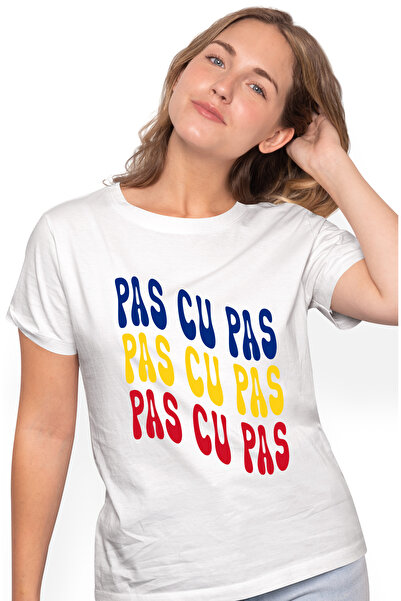 StoryGift Romania Tricou Femei Cuvantul Pas cu Pas, in Culorile Steagului Rom...