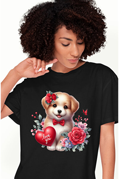 StoryGift Romania Tricou Femei cu un catelus vesel, ilustratie, inima cu mesa...