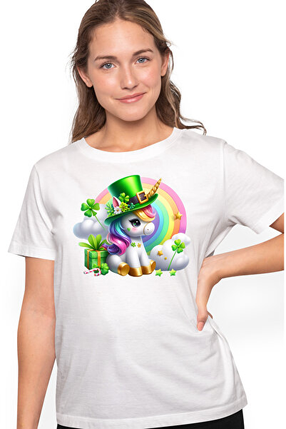 StoryGift Romania Tricou Femei cu un unicorn, ilustratie, poarta o palarie verde, Irlanda, noroc, WHT_L