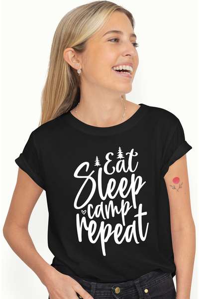 StoryGift Romania Tricou Femei cu brazi si mesajul "Eat sleep, camp, repeat" ...