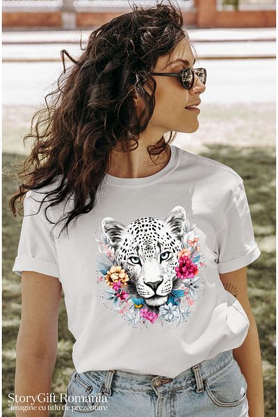 StoryGift Romania Women's T-shirt with a white tiger, illustration, abstract, endangered, flowers WHT_XL