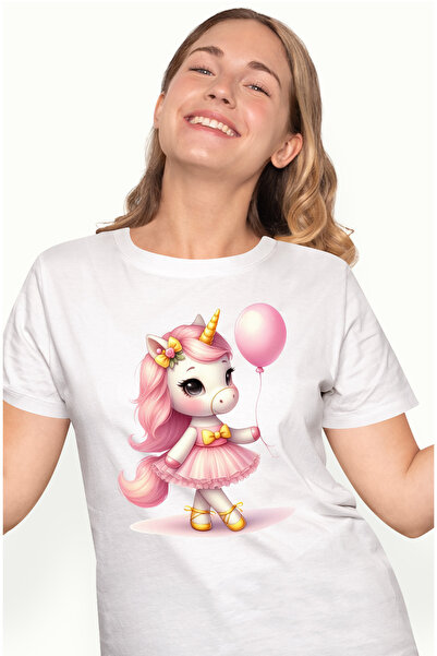 StoryGift Romania Tricou Femei cu un unicorn care tine un balon roz, ilustrat...
