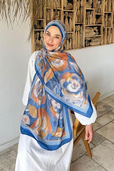 lamelif Flower Pattern Cotton Shawl Blue