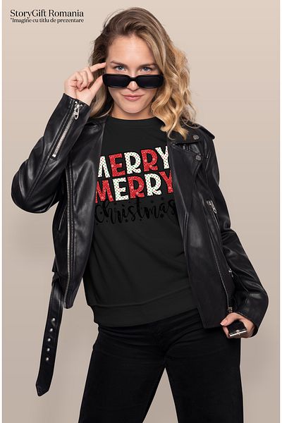 StoryGift Romania Tricou Femei cu mesajul "Merry, Merry Christmas", Craciun fericit, ilustratie, i BLK_L