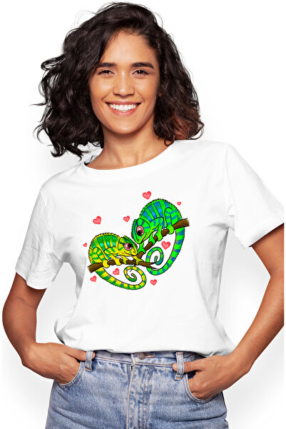 StoryGift Romania Tricou Femei cu 2 cameleoni, inimioare rosii, Valentine's D...