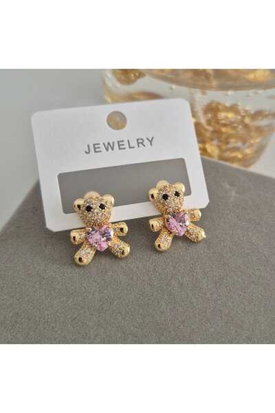 Betül Çekiç Vip Özel Seri Gold Renk Taşlı Ayıcık Kadın Küpe