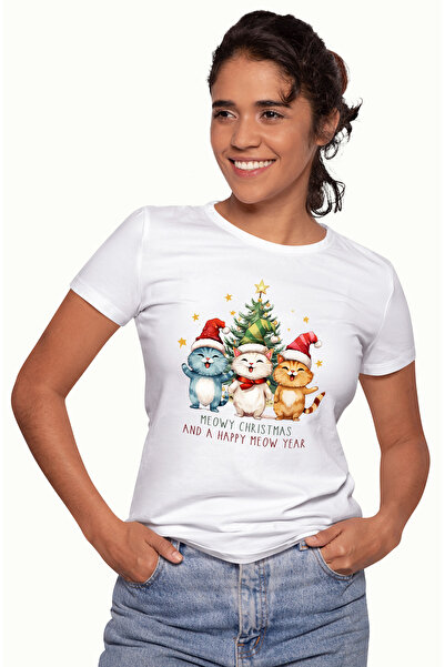 StoryGift Romania Tricou Femei cu pisoi cu mesajul "Meowy Christmas and a Hap...