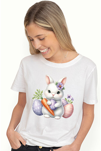 StoryGift Romania Tricou Femei cu un iepuras care tine un ou vopsit, morcov, ...