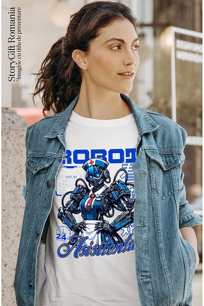 StoryGift Romania Tricou Femei asistenta medicala robot inteligenta artificiala cu imprimeu pe Fat WHT_L