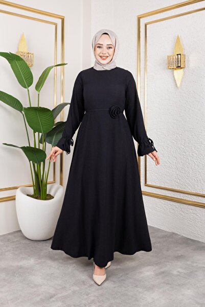 Moda Ebva Kol Büzgülü Gül Detaylı Elbise-5030 Siyah