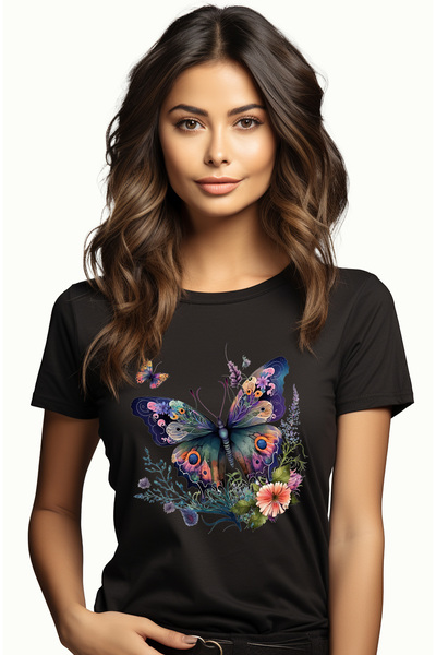 StoryGift Romania Tricou Femei cu un fluture cu aripi decorate cu floricele, ...