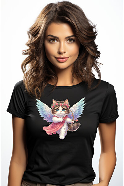 StoryGift Romania Tricou Femei cu o pisica Cupidon, ilustratie, aripi, trage ...