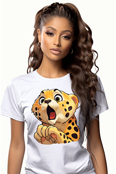 StoryGift Romania Tricou Femei cu un pui de jaguar fricos, ilustratie, speria...