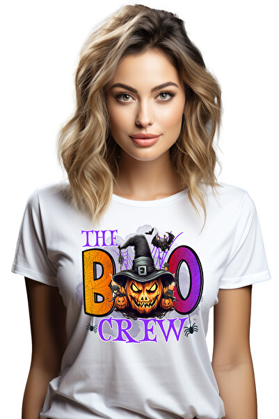 StoryGift Romania Tricou Femei cu dovleci decorati si lilieci cu mesajul "The boo crew", ilustrati WHT_M