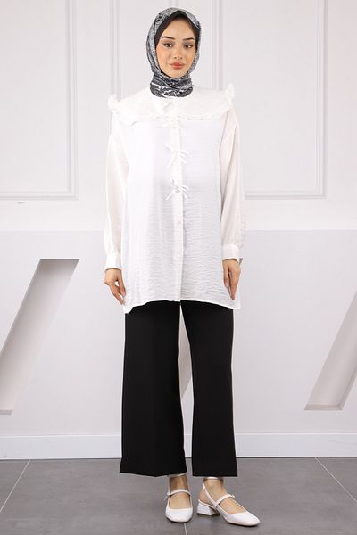 İmajButik Ecru Baby Collar Bow Detailed Shirt