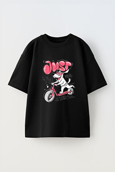 Anetos Just Ride Dog Front cu imprimeu Cotton Black supradimensionat tricou