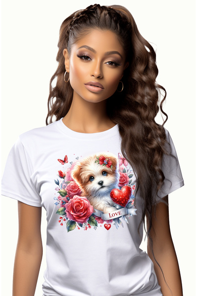 StoryGift Romania Tricou Femei cu un catelus inconjurat de trandafiri cu mesa...