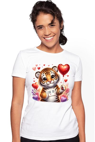 StoryGift Romania Women's T-shirt with tiger cubs with the message "I love you", many hearts, flowers div WHT_S