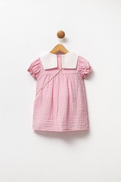 Minipodyum Kız Bebek Nakışlı Bebe Yaka Müslin %100 Pamuk Çantalı Bayramlık Elbise