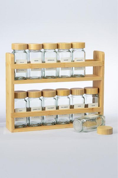 MİEN Mien Bamboo Spice Rack with Stand and Bamboo Lid 25 Piece Countertop
