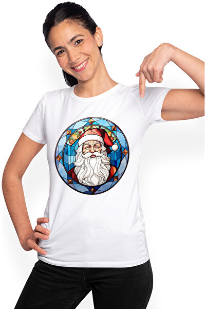 StoryGift Romania Tricou Femei cu Mos Craciun, ilustratie, stil mozaic, cerc,...